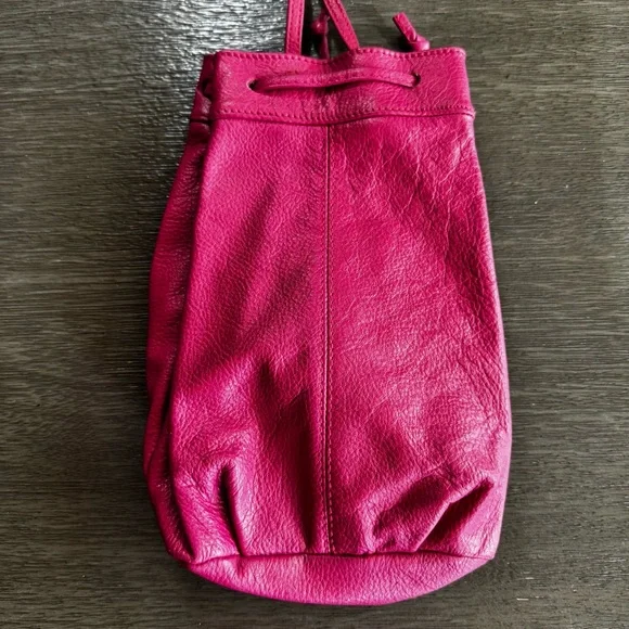 Leather Handmade Hot Pink Crossbody Drawstring Bucket Bag Purse - Picture 3 of 9